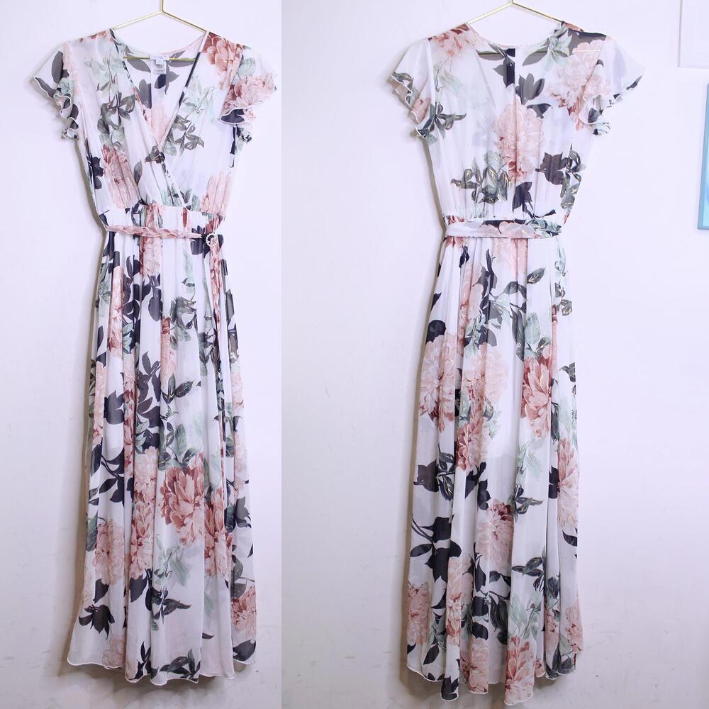 White Pink Floral Ruffle Sleeve Maxi Wrap Dress - 4
